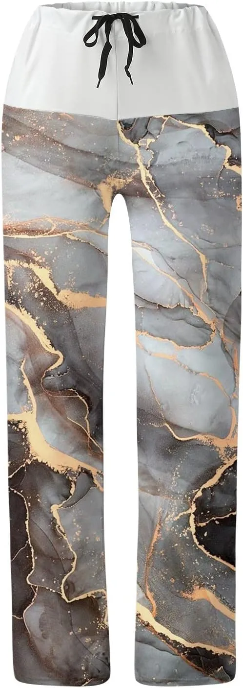 Womens High Elastic Waist Wide Leg Pants Printed Loose Yoga Pants Casual Long Trousers Straight Fashion Pajamas