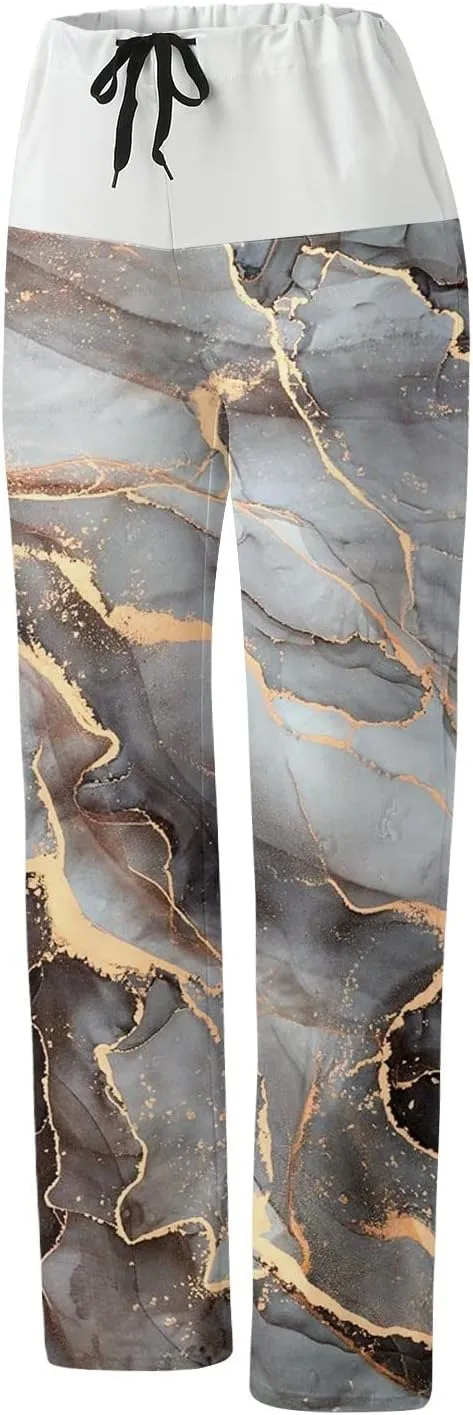 Womens High Elastic Waist Wide Leg Pants Printed Loose Yoga Pants Casual Long Trousers Straight Fashion Pajamas