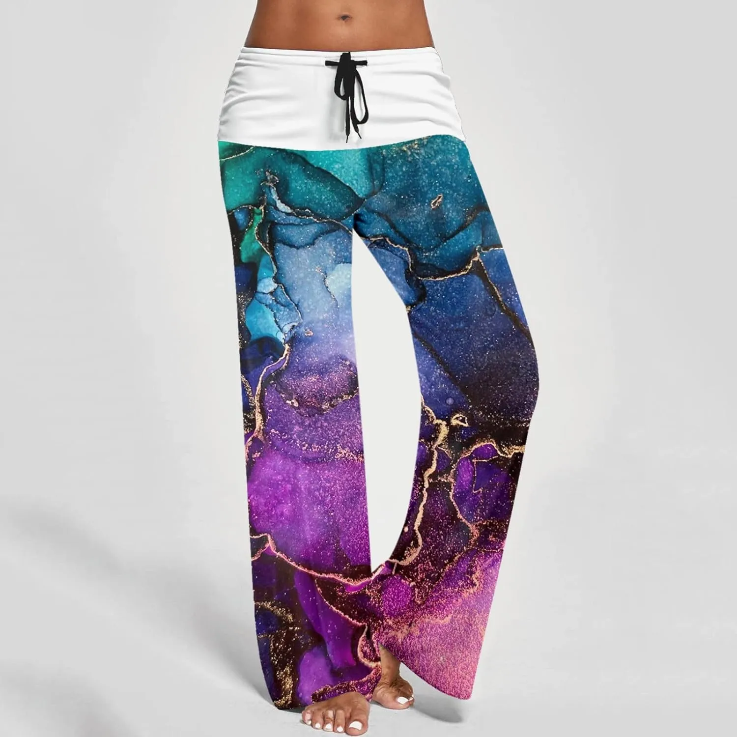 Womens High Elastic Waist Wide Leg Pants Printed Loose Yoga Pants Casual Long Trousers Straight Fashion Pajamas