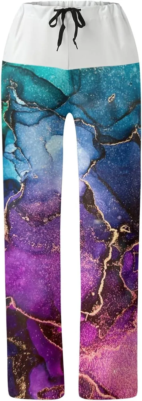 Womens High Elastic Waist Wide Leg Pants Printed Loose Yoga Pants Casual Long Trousers Straight Fashion Pajamas
