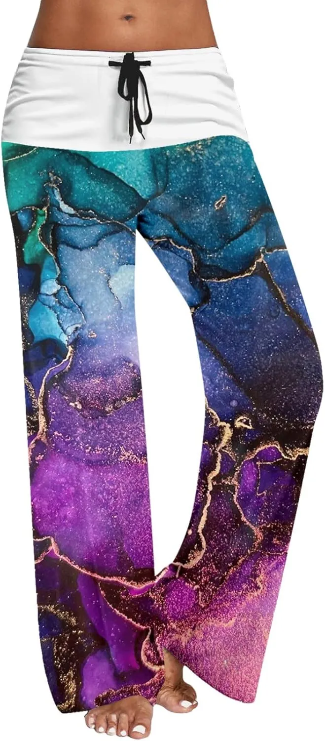 Womens High Elastic Waist Wide Leg Pants Printed Loose Yoga Pants Casual Long Trousers Straight Fashion Pajamas