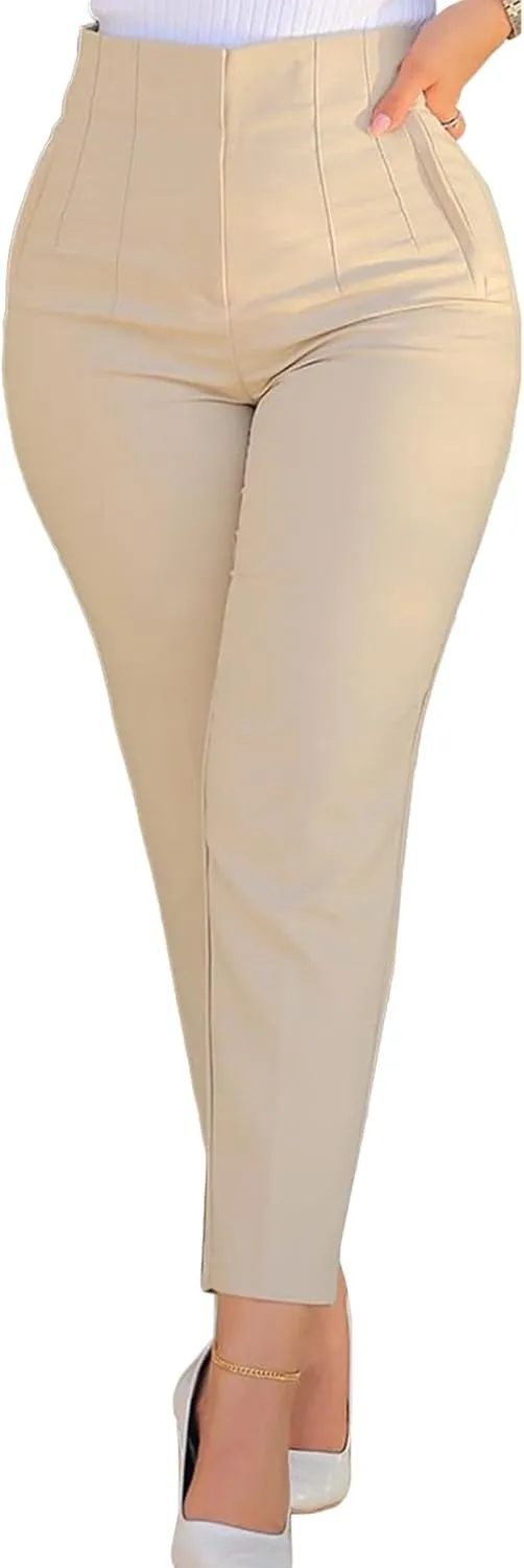 Womens Stretchy High Waisted Pants Trendy Pleated Business Work Trousers with Pockets Straight Leg Dress Pant