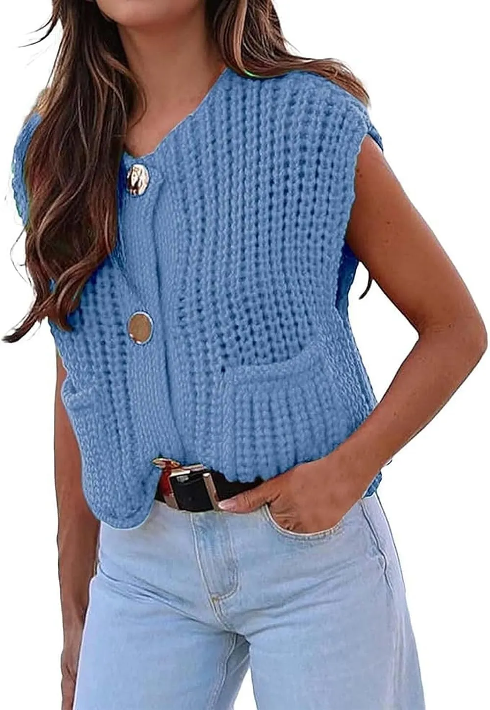 Women's Sweater Vest Knit Top Crop Crochet Chunky Sleeveless With Gold Button XS-XL