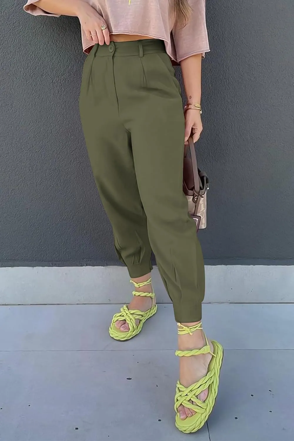 Womens Tapered Pants Summer High Waist Business Pant Harem Pants Solid Color Loose Fit Casual Trousers with Pockets