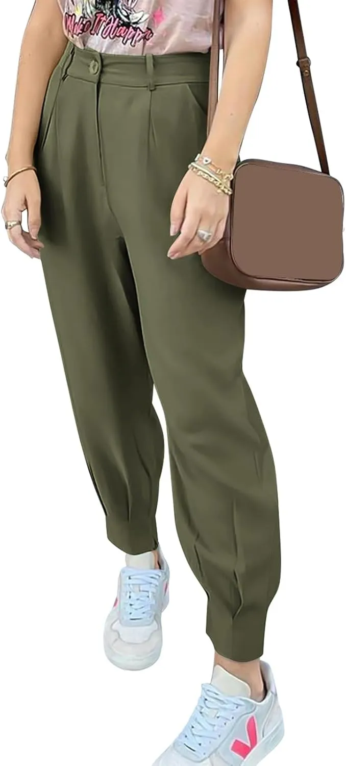 Womens Tapered Pants Summer High Waist Business Pant Harem Pants Solid Color Loose Fit Casual Trousers with Pockets