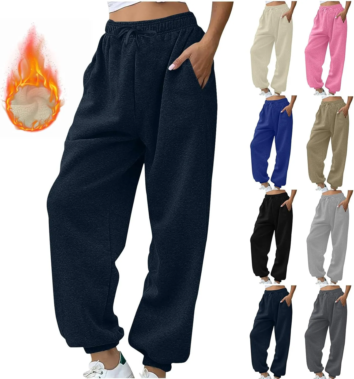 Womens Warm Sherpa Fleece Lined Sweatpants High Waist Joggers Pants Comfy Loose Fit Pants with Pockets