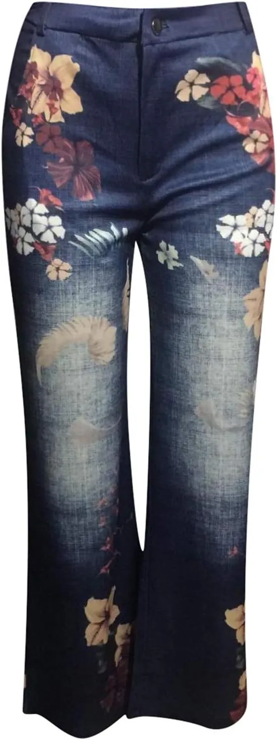 Womens Wide Leg Printed Denim Pants High Waisted Retro Distressed Floral Jeans Baggy Fashion Trousers Pants with Pocket