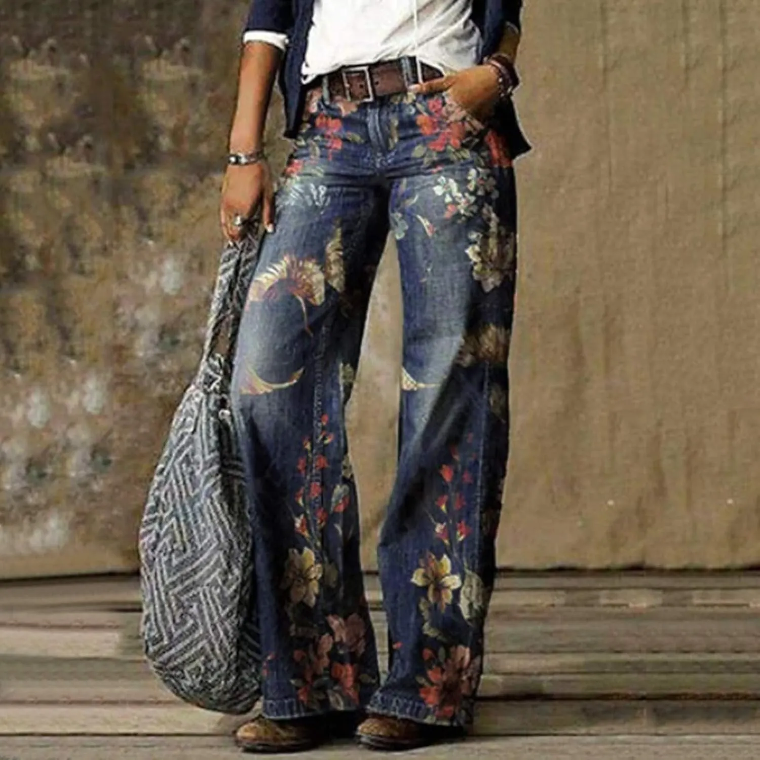 Womens Wide Leg Printed Denim Pants High Waisted Retro Distressed Floral Jeans Baggy Fashion Trousers Pants with Pocket