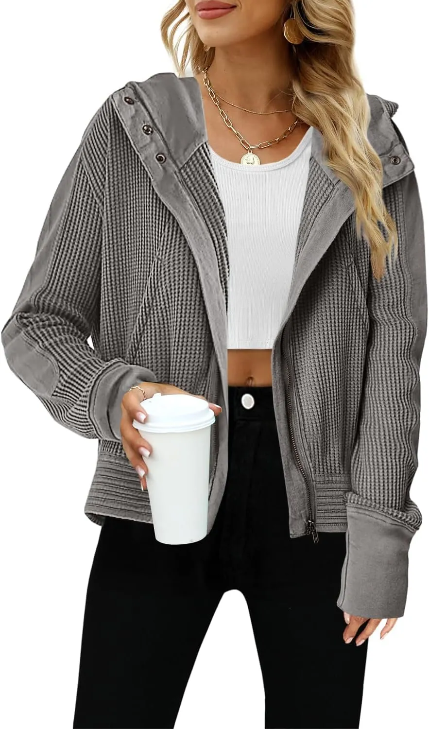 Yanekop Womens Waffle Knit Jackets Zip Up Hoodie Jacket Long Sleeve Cropped Hoodie Fall Outfits Casual Winter Clothes