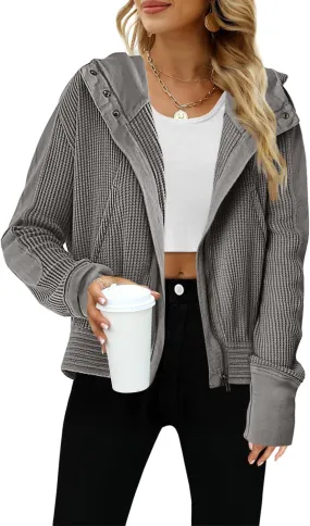 Yanekop Womens Waffle Knit Jackets Zip Up Hoodie Jacket Long Sleeve Cropped Hoodie Fall Outfits Casual Winter Clothes